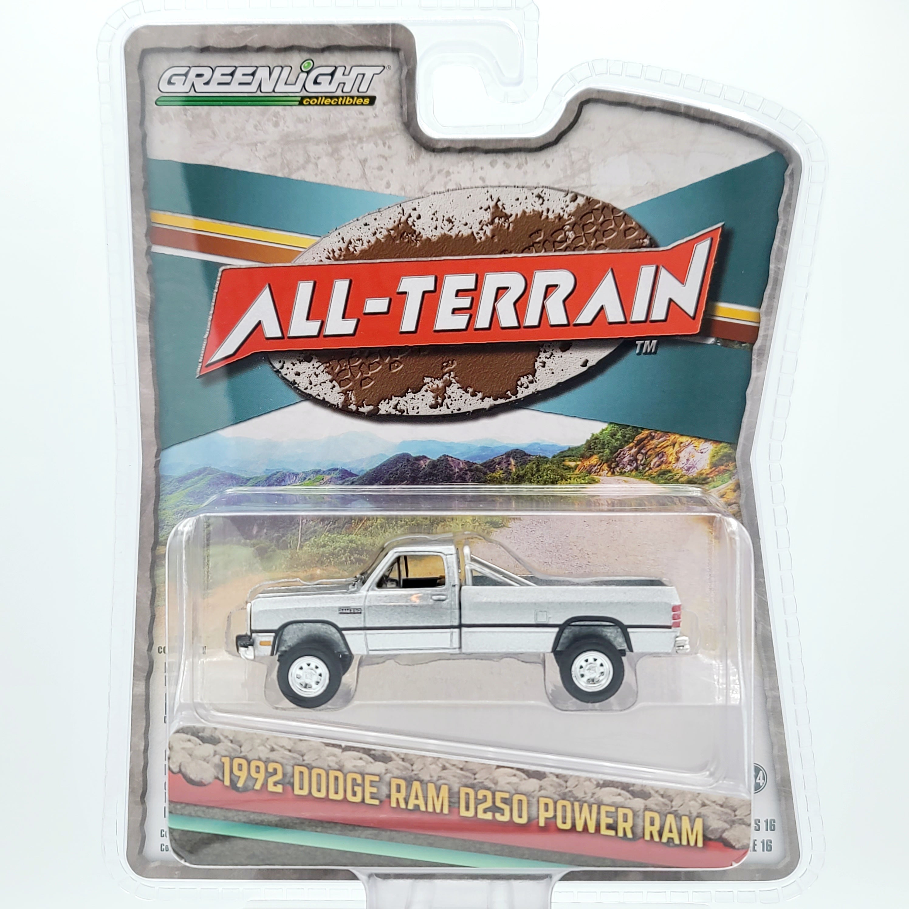 GreenLight '92 Dodge Ram D250 Power Ram Lifted w/ Rollbar - 1:64 scale, Sterling Silver (2024 All Terrain Series 16)